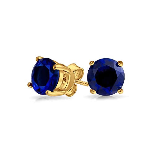 Solitaire Stud Post Earring Round Simulated Blue Sapphire Yellow Tone 925 Sterling Silver Solitaire Stud Post Earring Round Simulated Blue Sapphire Yellow Tone 925 Sterling Silver