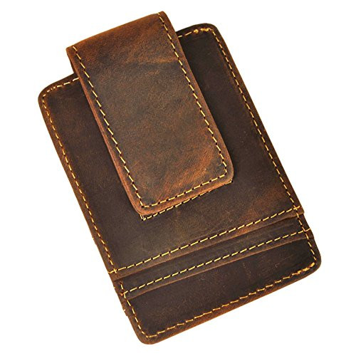 Le'aokuu Mens Genuine Leather Cowhide Magnet Money Clip Credit Case Case Holder Slim Wallet -W1058 Dark Borwn Rfid-