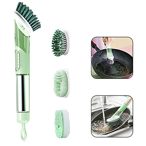 Soap Dispensing Dish Brush with 3 Replaceable Heads- Updated No Leaking Soap Dish Scrubber Soap Dispenser- Kitchen Dish Brush with Soap Dispenser for Pot Pan Sink Cleaning