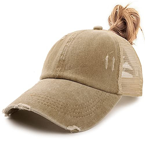 Womens Criss Cross Ponycap Distressed Messy High Bun Ponytail Baseball Cap Vintage Unconstructed Dad Hat Khaki