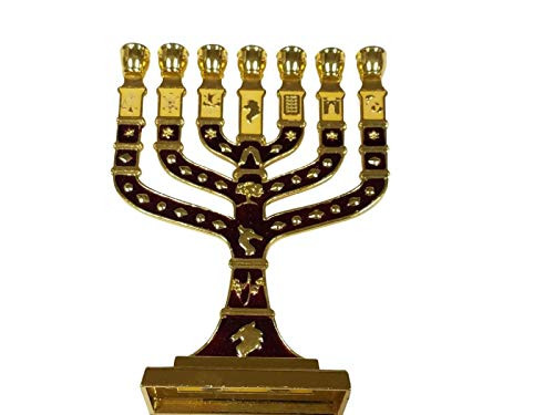 Bethlehem Gifts TM Jerusalem Temple Menorah 7 Branch Metal Candle Holder 12 Tribes of Israel 4.7inch -Gold/Red-