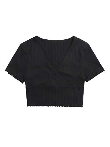 Floerns Women's Casual V Neck Short Sleeve Rib Knit Surplice Wrap Crop Tee Top Black L