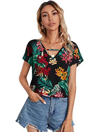 Romwe Women's Casual Floral Print Batwing Short Sleeve V Neck Blouse Tops Black L