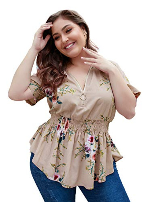 SOLY HUX Women's Plus Size Floral Print Zip Up V Neck Short Sleeve Ruffle Blouse Top Khaki 2XL