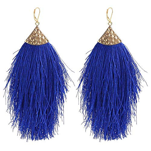Womens Bohemian Silky Thread Strand Fan Fringe Tassel Statement Dangle Drop Leverback Hoop Earrings Feather Shape Dangles for Women Girls Fashion Pierced Ears Jewelry