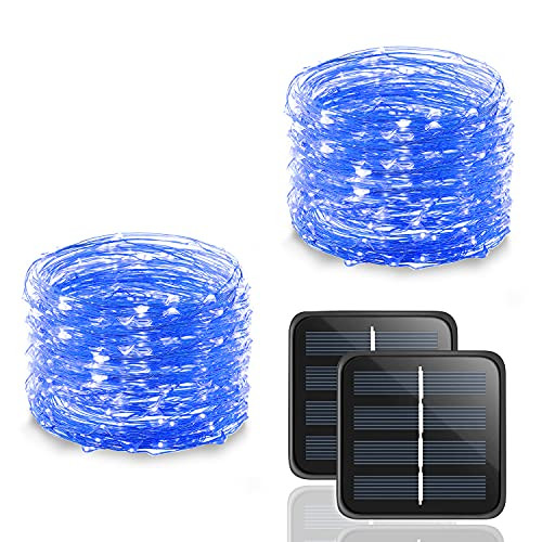Solar String Lights- Copper Wire Solar Fairy Lights 100LED 33Ft 8 Modes- Waterproof Outdoor String Lights- Upook Blue Decorative Lights for Christmas Party Wedding and Patio Garden Yard- 2 Pack