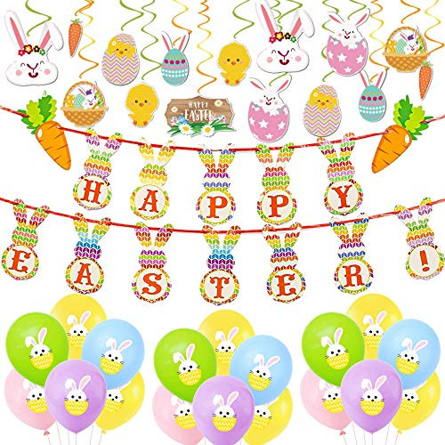 Easter Party Decorations Set-Easter Balloon-Happy Easter Banner-Easter Eggs Bunny Easter Basket Stuffers Gifts Easter Hanging Swirl-Easter Decorations for The Home 