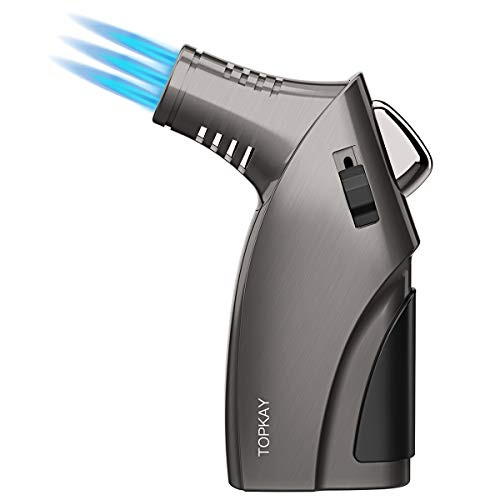 TOPKAY Torch Lighter- Cigar Lighter- Pipe Lighter- Triple Jet Flame Torch Lighter- Windproof Refillable Butane Gas Torch Lighter with Cigar Punch- Safety Lock- Zinc Alloy Material -Sold Without Gas-