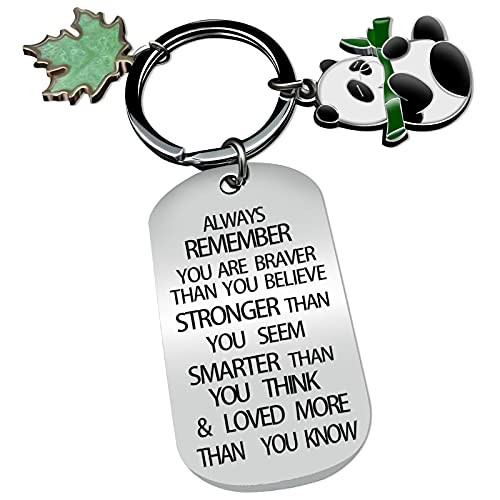 Cute Funny Panda Keychain with A Green Charm Leaf Pendant You are Braver Stronger Smarter Than You Think Inspirational Keychain Panda Gifts for Graduate