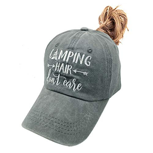 Waldeal Women's Embroidered Camping Hair Don't Care Ponytail Hat High Bun ponycap Gray Waldeal Women's Embroidered Camping Hair Don't Care Ponytail Hat High Bun ponycap Gray