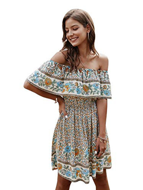 Womens Off Shoulder Ruffle Dress Boho Wrap Summer Casual Dress Flowy Short Sleeve Dresses Floral Print -White-L- Womens Off Shoulder Ruffle Dress Boho Wrap Summer Casual Dress Flowy Short Sleeve Dresses Floral Print -White-L-