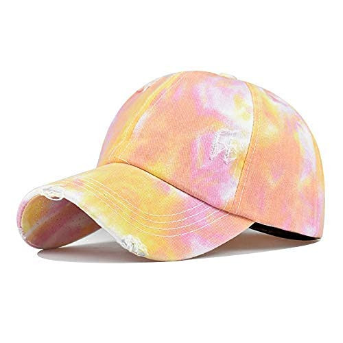 NeuFashion Criss Cross Hat Washed Distressed Glitter Mesh Womens Baseball Cap Dad Hat Ponytail Hat for Women?Tie Dye Yellow?