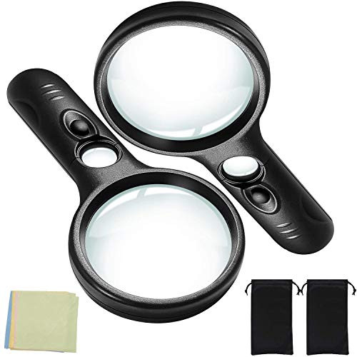2 Pack Magnifying Glass with Light- 3X 45X Magnification Lens- LED Illuminated Handheld Magnifier for Seniors Reading-Macular Degeneration-Soldering-Inspection-Jewellery-map-Coins-Hobbies  and  Crafts