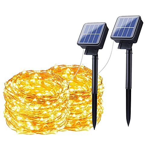 Solar String Lights Outdoor- 2 Pack 33ft 100 Led Solar Powered Fairy Lights with 8 Modes- Waterproof Solar Decoration Copper Wire Lights for Patio Yard Trees Christmas Wedding Party -Warm White-