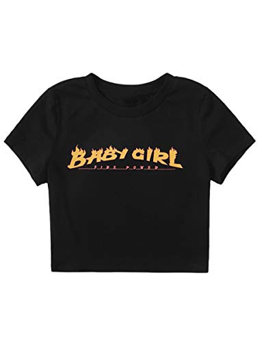 Romwe Women's Casual Letter Graphic Print Short Sleeve Summer Crop Tops T Shirt Tee Black M