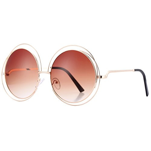 Pro Acme Womens Double Circle Metal Wire Frame Oversized Round Sunglasses -Brown-