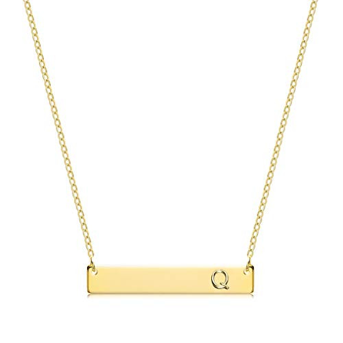 S.J JEWELRY Alphabet 26 A-Z Letter Initial Necklace 14k Gold-Plated Bar Necklace Engraved Name Necklace Personalized Letter Monogram Pendant Necklace for Women Girls Q