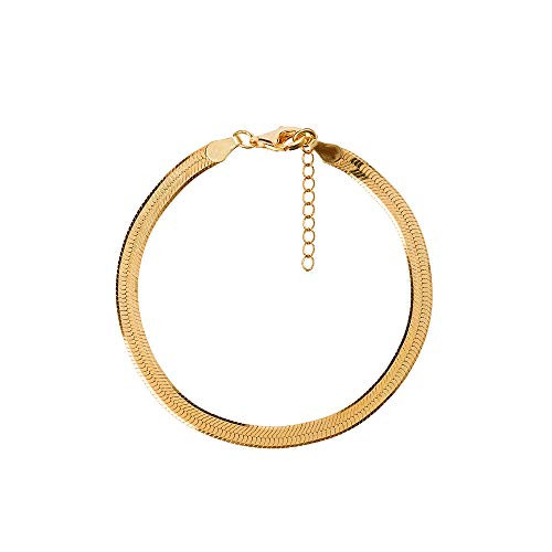 Vavily Snake Bone Chain Link Bracelet for Women Men 18k Gold Plated 4MM Flat Herringbone Link Chain Bracelet Dainty Bracelet 6 inch