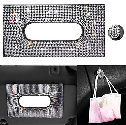 Dyshuai Sparkling Bling Car Visor Tissue Holder Mask Holder Tissue Box PU Leather Crystals Tissue Case for Women Gilrs with Glitter Hook Clip Bling Car Accessories -Black with White Diamond-