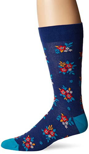 Hot Sox Men's Conversation Starter Novelty Casual Crew Socks- ditzy floral -dark Blue-- Shoe Size- 6-12