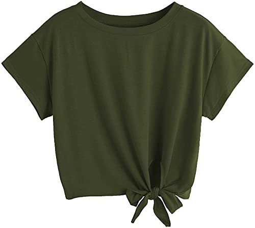 SweatyRocks Women's Loose Short Sleeve Summer Crop T-Shirt Tops Blouse Solid Army Green S