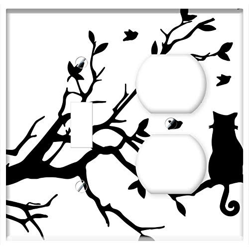 2-Gang- Toggle Outlet Combination Wall Plate Cover - Cat Feline Animal Pet Birds Tree Branch 2-Gang- Toggle Outlet Combination Wall Plate Cover - Cat Feline Animal Pet Birds Tree Branch
