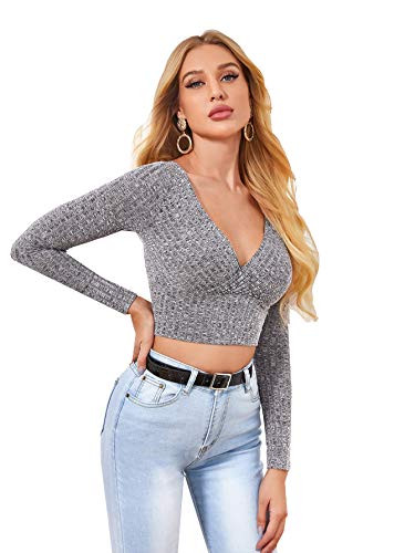 Floerns Women's Long Sleeve Rib Knit V Neck Crop Top Tee Shirt Grey M