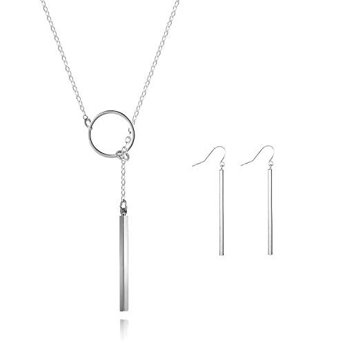 Dainty Lariat Y Necklaces Stick Bar Drop Earring for Women Open Circle Vertical Bar Necklace Set -A-Silver Bar Set- Dainty Lariat Y Necklaces Stick Bar Drop Earring for Women Open Circle Vertical Bar Necklace Set -A-Silver Bar Set-