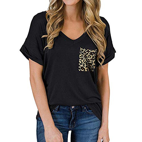 T Shirts V Neck Short Sleeve for Women Basic Summer Casual Loose Fit Tops with Leopard Pockets -M- Black