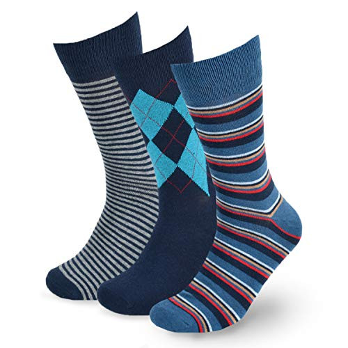 BG Premium Dress Socks for Men. Classic and Formal Apparel Patterned Socks- 3 Pair Set with a Gift Box - Blue Argyle  and  Stripes