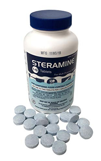 Steramine Sanitizing Tablets- For Sanitizing Food Contact Surfaces- Kills E-Coli- HIV- Listeria- Model 1-G- 150 Sanitizer Tablets per Bottle- Blue- Pack of 1 Bottle