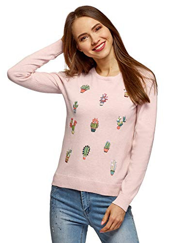 oodji Ultra Women's Embroidered Knit Pullover- Pink- US 10 / EU 44 / XL