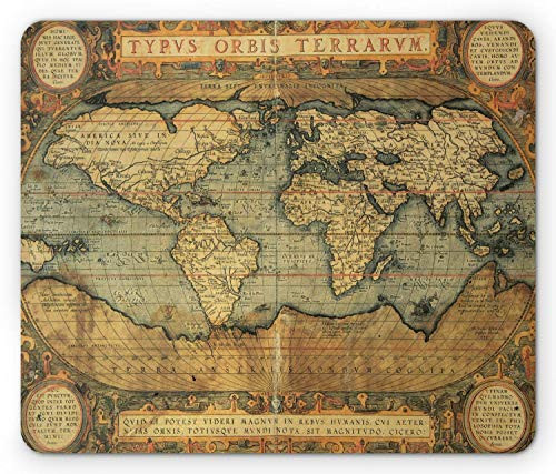 World Map Mouse Pad Old Chart Vintage Composition of 16th Century Atlas Print Rectangle Non-Slip Rubber Mousepad Standard Size Sand Blue