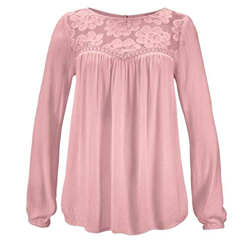Amober Solid Blouse Casual Lace Patchwork Flare Ruffles Short Sleeve Cute Floral Tops for Ladies -Pink- XX-Large-