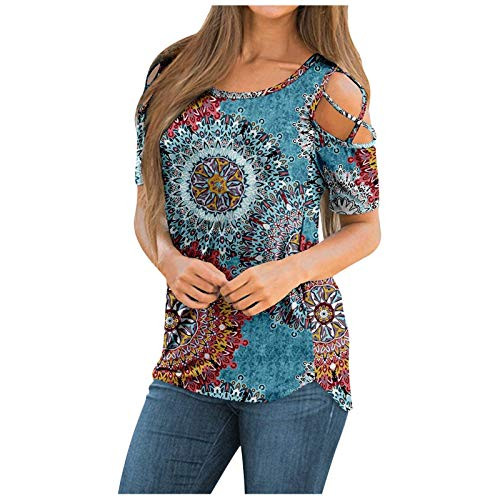 Mlokac Women Summer Short Sleeve Strappy Cold Shoulder T-Shirt Tops Blouses Off-The-Shoulder Short-Sleeved top Blue