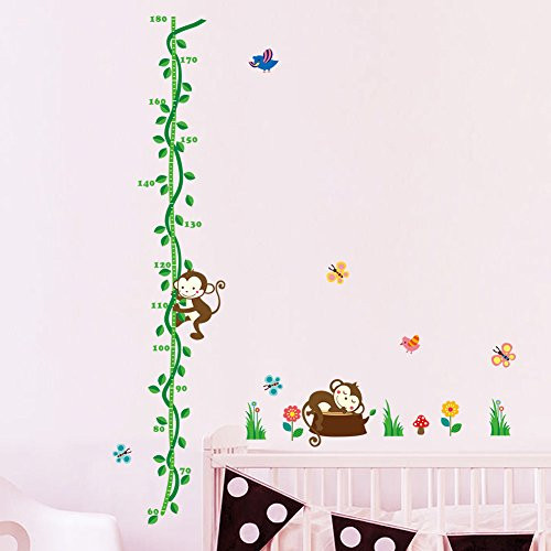 Wallpark Lovely Little Monkey Climbing Green Vines Height Sticker- Growth Height Chart Measuring Removable Wall Decal- Children Kids Baby Home Room Nursery DIY Decorative Adhesive Art Wall Mural