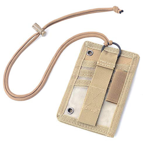 Tactical ID Card Holder Detachable Hook & Loop Patch Badge Holder Adjustable 1000D Cordura Neck Lanyard Key Ring and Credit Card Organizer (Tan)