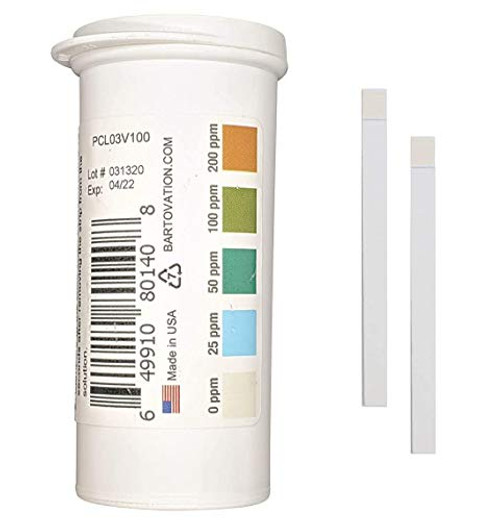 Restaurant Chlorine Sanitizer Plastic Test Strips- 0-200 ppm -Moisture Wicking Vial of 100 Strips-