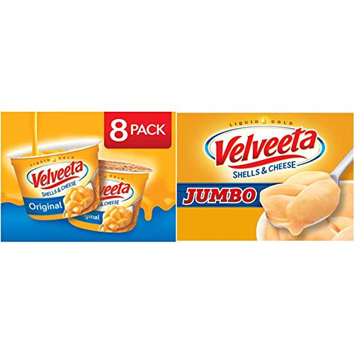 VELVEETA Original Microwavable Shells  and  Cheese Cups- 8 Count Box | Single Serving Cups with Delicious Velveeta Cheese Sauce  and  Velveeta Meals Original Jumbo Shells and Cheese Meal Box- 10.1 Ounce