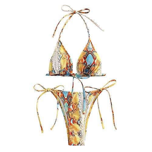 Womens Triangle Bikini Top Tie Side Bikini Bottom Two Piece Snake Skin Halter Swimsuits High Cut Swimwear Bathing Suits