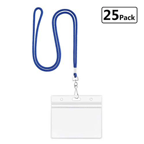 Lanyards with ID Badge Holder Clear Plastic Horizontal Name Tag Holders Waterproof PVC ID Card Holder by LONOVE (Royal Blue, 25 Pack)