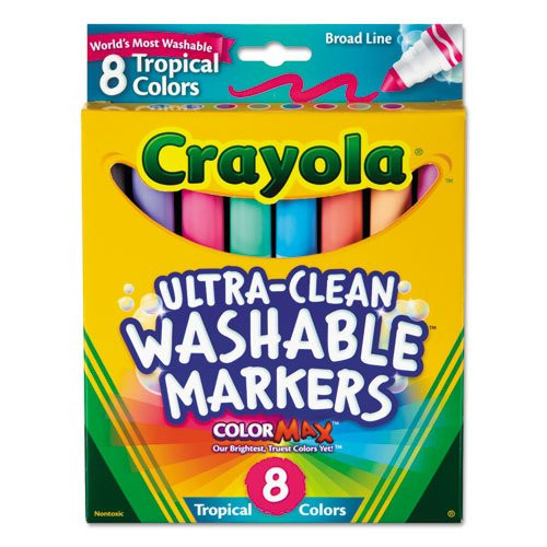 Crayola Products - Crayola - Washable Markers- Conical Point- Tropical Colors- 8/Set - Sold As 1 Set - Lush- washable colors are fun and practical. - Washes off skin and clothing. - Large conical tip specially designed for broad strokes or medium lin