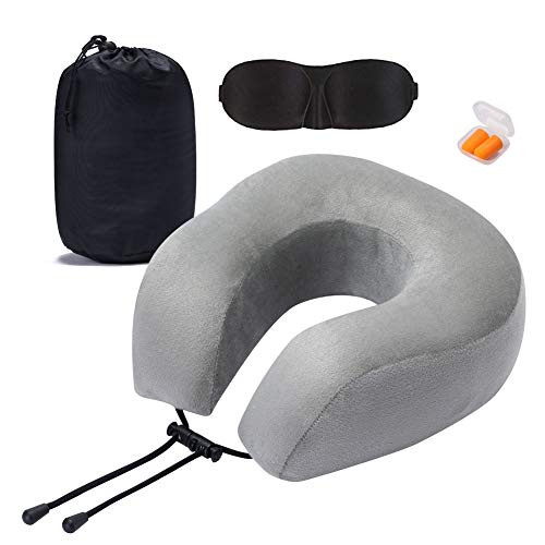 Travel Pillow 100% Memory Foam Neck Pillow for Airplanes Flight Rest Best Adjustable Travel Neck Support Pillows Grey