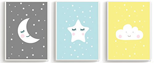 3x baby nursery decor wall prints - set 3 baby designs - moon, cloud, star, nursery art, nursery decor, baby kids room, wall art, 8x12, unframed