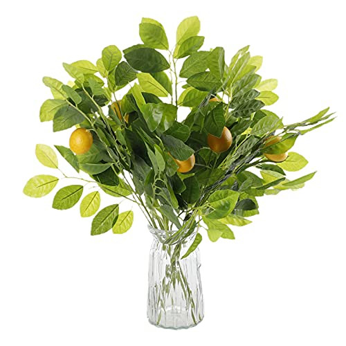 HLTER Artificial Lemon Bunch Branch- 6Pcs 20inch Fake Lemon Flower Branch with Green Leaves Lifelike Plastic Lemon Branch Props Decorative Fruit Branch for Home Weddng Party Decor