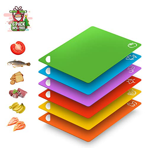 Extra Flexible Thick Plastic Kitchen Cutting Board Mats Set of 6 Colored Chopping Boards with Food Icons Dishwasher Safe