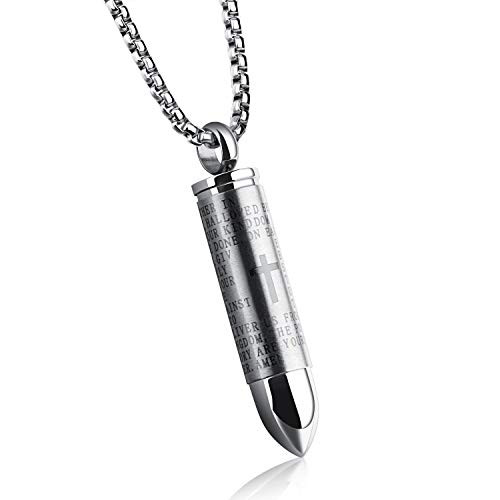 Lord's Prayer Cross Bullet Pendant Stainless Steel Lords Bible in English Cross Prayer Cremation Ashes Urn Necklace- Free Chain-Silver Color