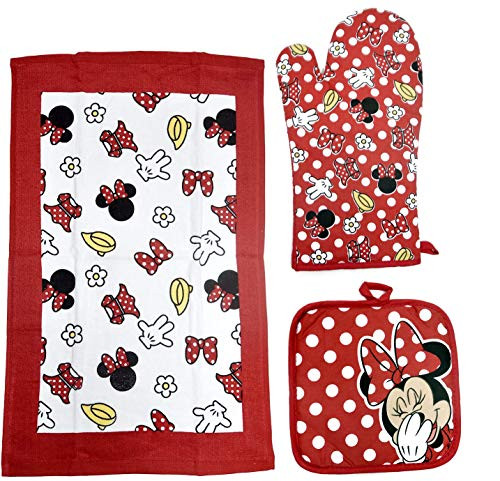 Disney Oven Mitt Pot Holder  and  Dish Towel 3 pc Kitchen Set -Minnie Mouse Red-