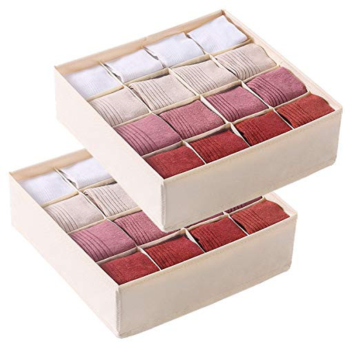 Qozary 2 Pack Socks Underwear Drawer Organizer Divider- 24 Cell or 16 Cell Collapsible Cabinet Closet Organizer Storage Boxes for Clothes- Socks- Lingerie- Underwear- Ties -16 Cell- Beige-