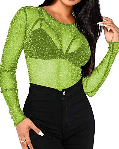 Bellelovin Women's Sheer Mesh Tops Long Sleeve Glitter Sexy Tops See Through Blouses -Neon Green- X-Large-